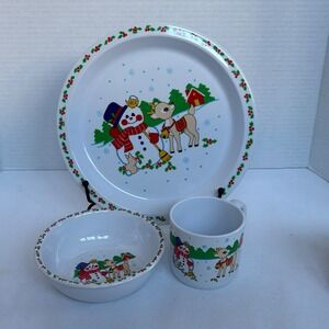 Christmas Snowman Reindeer Child Plate Bowl Mug Set Vintage Holiday
